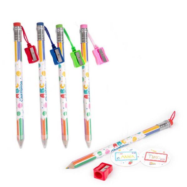 ABC CHAMPIONS Jumbo Mehrfarbstift mit Spitzer & Radierer, 4-fach sortiert